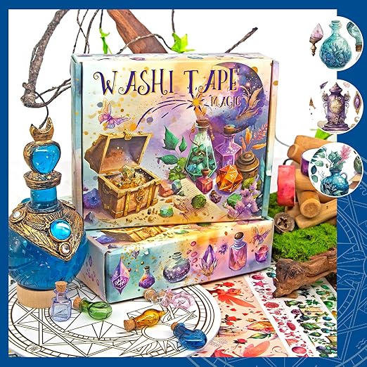 Washi Tape Set 23 Rolls, Magic & Fairy Themed Scrapbook Tape for Bullet Journal Set, Colored Masking Tape for Scrapbooking Supplies, Junk Journaling, DIY Craft (Dragons/Cats/Castles)