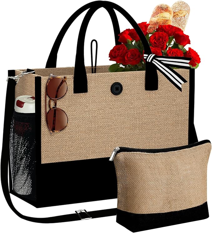 YOOLIFE Christmas Gifts for Women - Initial Jute Tote Bag & Makeup Bag, Birthday Gifts for Women Her Mom Teacher Friend