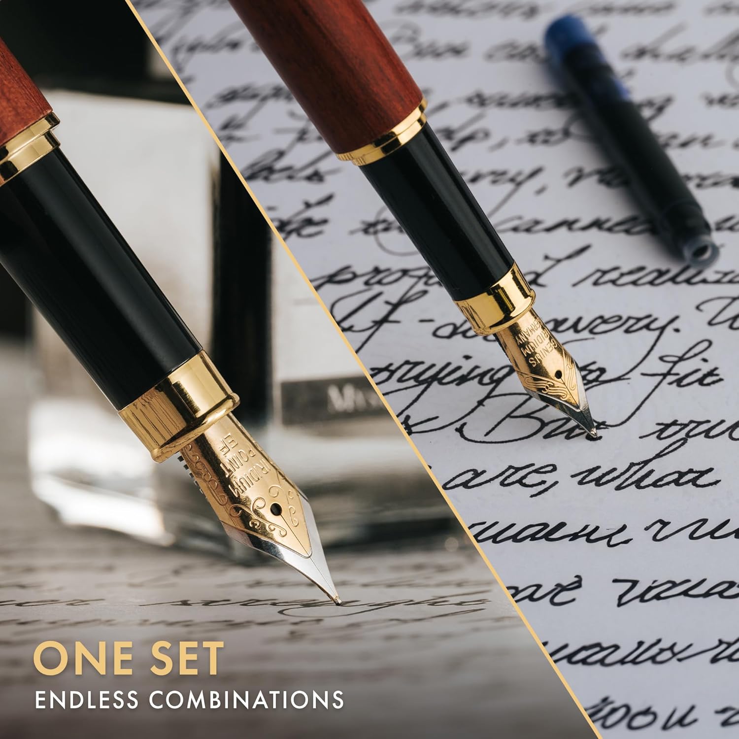 Wordsworth & Black Fountain Pen Set, Luxury Bamboo Wood - Medium Nib, Extra Fine Nib, Gift Case; 25ML Black Ink Bottle, 6 Ink Cartridges, Refill Converter - Calligraphy, Writing [Brown Wood]