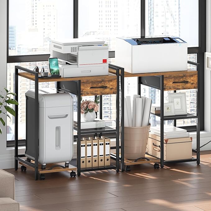 HOOBRO Printer Stand with Charging Station, Printer Shredder Stand with Fabric Drawer, Table for Fax Machine, Printer Storage Office Organizer, for Home Office, Rustic Brown and Black BF72UPS01