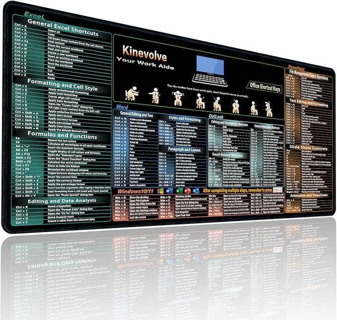 Excel,Word,Outlook,Windows,PowerPoint Cheat Sheet Mouse Pad,Extended Large XL Office Shortcut Keyboard Desk Pad,Non-Slip Accessories Desk Mat 31.5" x 11.8"