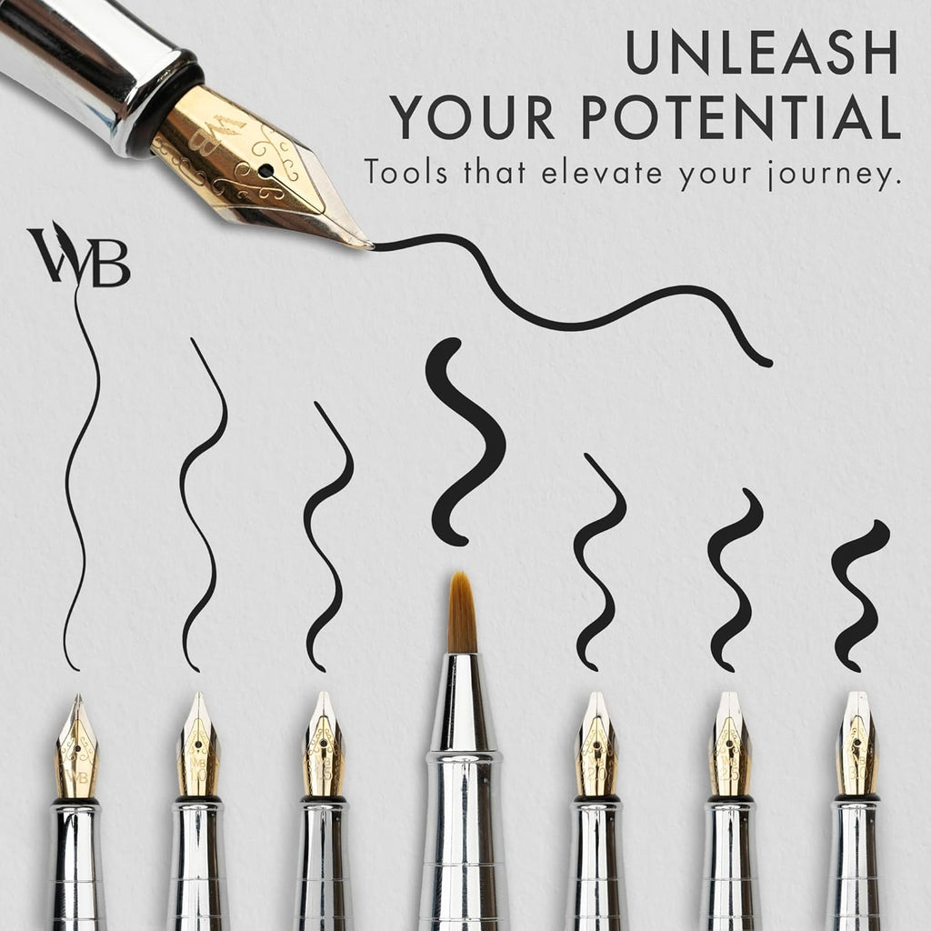 Wordsworth & Black Calligraphy Pen Gift Set, Includes Bottle, 6 Cartridges, Refill Converter, 6 Replacement Nibs, Premium Package, Journaling, Smooth Writing Pens [Black Chrome]