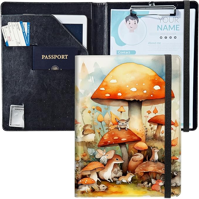 PU Leather Padfolio Clipboard Notepad with Pen Loop and Elastic Strap Interview/Resume Document Organizer for Business School Office,Watercolor Mushroom