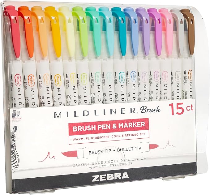 Zebra Pen Mildliner Brush Marker, Double Ended Brush and Fine Tip Pen, Assorted Soft Colors, 15 Count (Pack of 1)