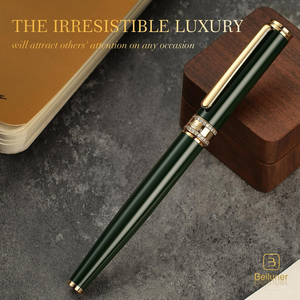 BEILUNER Green Lacquer Rollerball Pen, Diamond-Studded Cap Design, 24K Gold Trim, Noble and Elegant, Schneider Ink Refill, Best Pen Gift Set for Women & Men, Professional, Business Office, Nice Pens