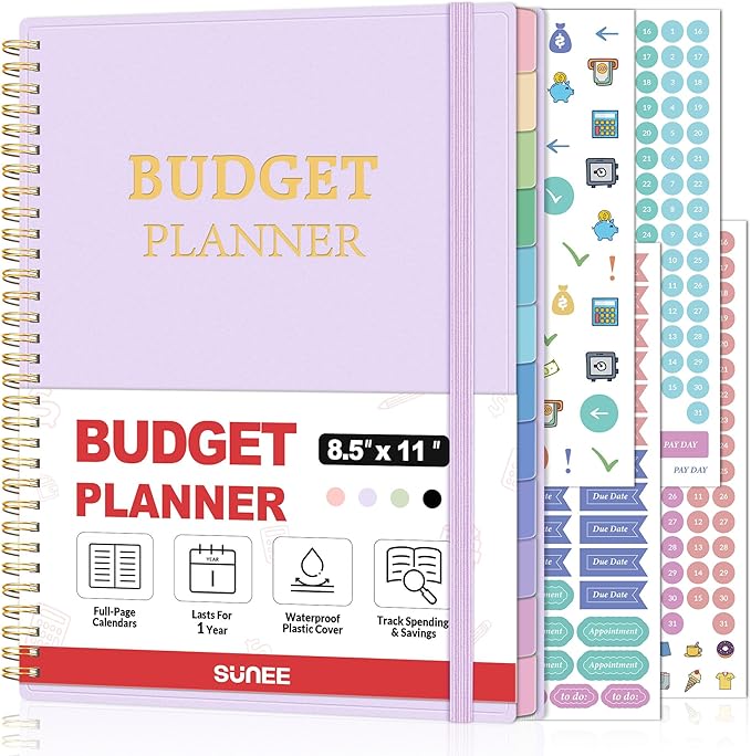 SUNEE Budget Planner - Monthly Budget Book with Expense Tracker Notebook, A4(8.5" x 11") Undated 12 Month Bill Organizer & Finance Planner to Manage Your Money, Account Book with Colorful Tab, Purple
