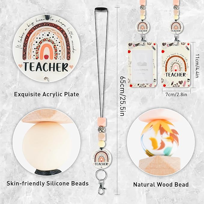 Teacher Lanyard with ID Holder, Leopard Print Rainbow Inspirational Quote Badge Holder with Beaded Adjustable Lanyard, Teacher Appreciation Gifts