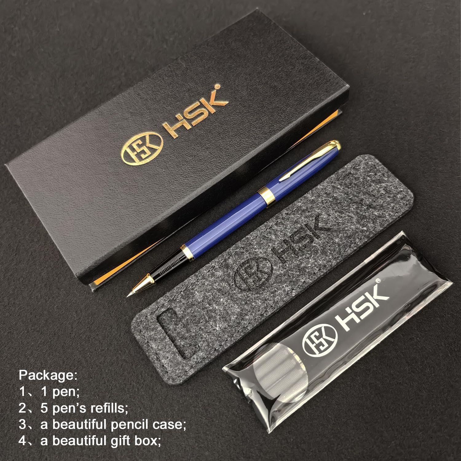 HSK Ballpoint Pens Executive Fountain Pen with Gold Trim, Gift Box Set, Available in Black, Red, Navy Blue,Black Refill Line width 0.5mm (Blue)