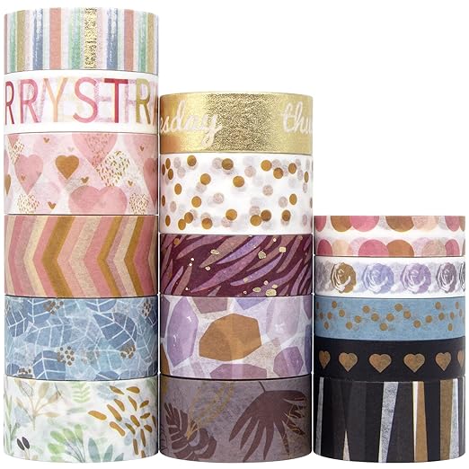 WAPETASHI 16 Rolls Washi Tape Set - Aesthetic Adhesive Tape with Gift Box, Gold Foil Decorativ Tape for Schcool Supplies, Bullet Journals, Scrapbooking, DIY Craftst -20/15/10mm Wide
