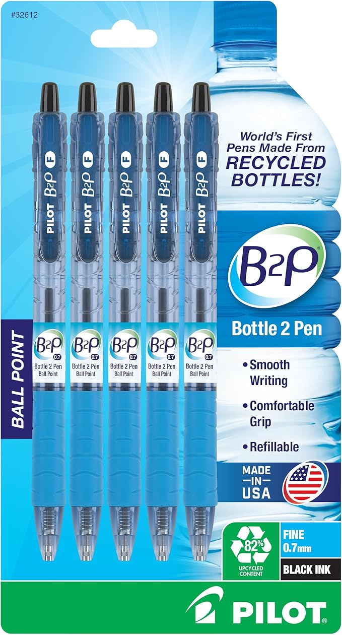 PILOT B2P - Bottle to Pen Refillable & Retractable Ball Point Pen Made From Recycled Bottles, Fine Point, Black Ink, 5-Pack (32612)