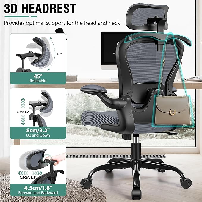 Office Chair, Ergonomic Office Chair with 3D Lumbar Support 3D Headrest, Comfy High Back Home Desk Chairs, Breathable Mesh Computer Chairs with Flip-Up Armrests & Hanger(Dark Gray)