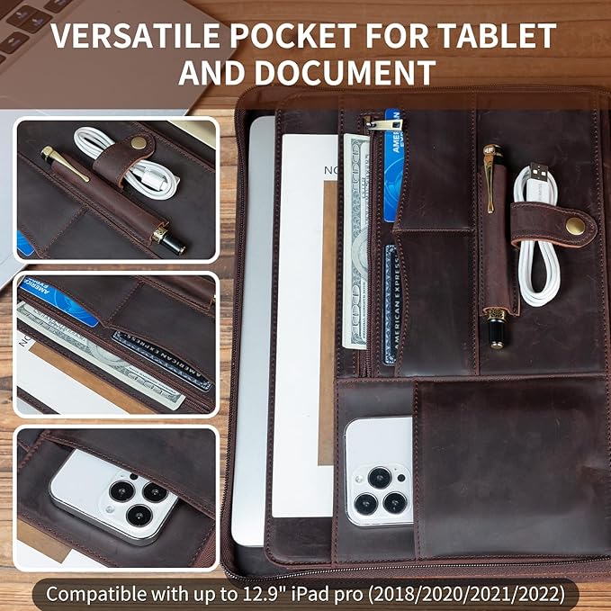 YIWEN Handmade Crazy-Horse Leather 3 Ring Binder Portfolio Padfolio Folder with Zipper for Men and Women, Business Organizer for Letter A4 Size for Meeting and Travel (Non-custom, Dark Brown)