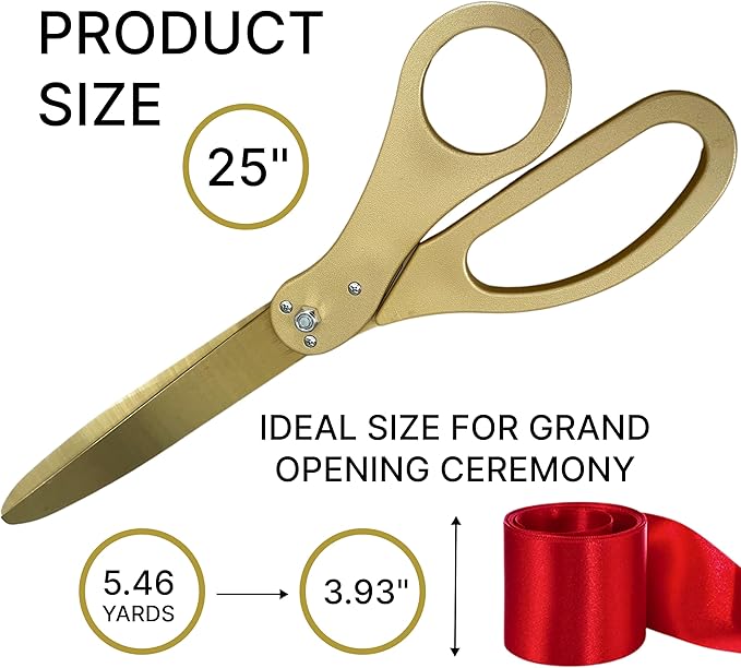 New Edition Grand Opening Kit – 25'' Scissors Gold with Golden Blades for Ribbon Cutting Ceremony with Red Ribbon Heavy Duty Golden Scissors