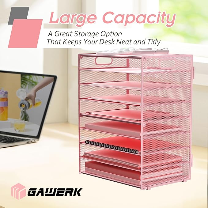 9-Tier Paper Organizer Letter Tray with Handle, Mesh File Organizer Paper Sorter Holder, Desk Organizer for Office Home School, Pink