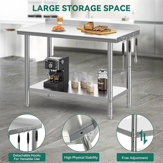 YITAHOME 48" x 24" Stainless Steel Table for Prep & Work with Backsplash, NSF Commercial Heavy Duty Table with Undershelf for Home Kitchen Restaurant Garage Warehouse