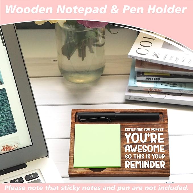 CINRLLA Sticky Note Holder Wooden Notepad & Pen Holder 6.5"" x 4.7"" Sticky Note Pad Holder Dispenser for Desk Work Motivational Gifts, NPA185, Brown