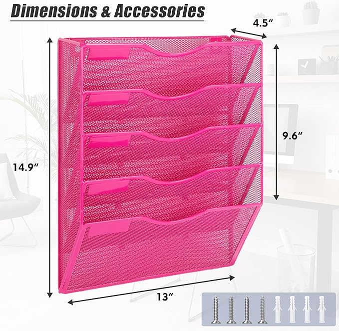 EASEPRES 5 Pocket Mesh Hanging Wall File Organizer, Wall Mounted Mail Paper Document Folder Holder, Clipboard Storage Organization Magazine Rack with Nametag Label for Office Home School, Rose Red