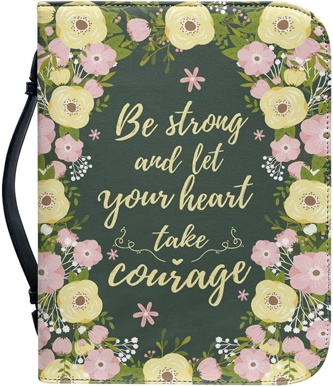 Lotusorchid Floral Bible Book Cover Case with Handle Pocket, Portable Bible Cover Case with Pen Storage, Sturdy PU Bible Tote Bag with Verse for Women Girls, Bible Accessories, Green,M