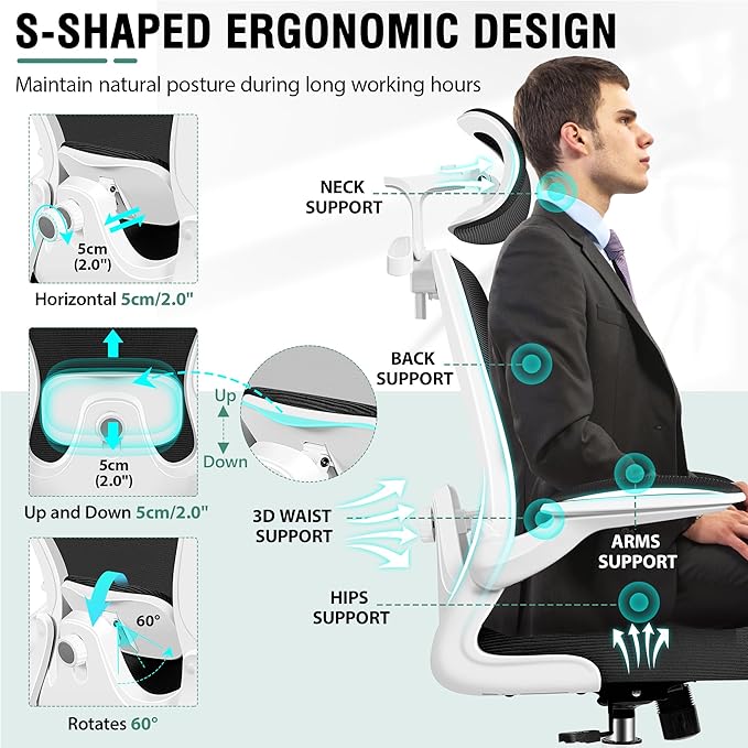 Office Chair, Ergonomic Office Chair with 3D Lumbar Support 3D Headrest, Comfy High Back Home Desk Chairs, Breathable Mesh Computer Chairs with Flip-Up Armrests & Hanger(White)