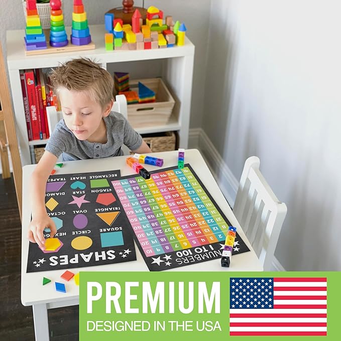 Hadley Designs 16 Educational Posters for Classroom & Kindergarten, Kindergarten Classroom Must Haves, Laminated PreK Learning Chart Materials US & World Map, ABC Alphabet, Shapes, Days of the Week