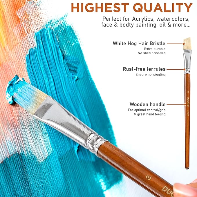 10pcs White Hog Hair Artist Paint Brush Set by DUGATO Perfect for Acrylic Oil Gouache Watercolor, Painting Brushes Kit for Kids, Adults Fabulous for Canvas & Fabric