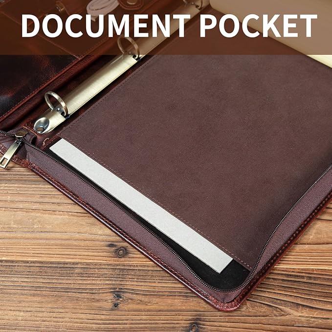 YIWEN Handmade Crazy-Horse Leather 3 Ring Binder Portfolio Padfolio Folder with Zipper for Men and Women, Business Organizer for Letter A4 Size for Meeting and Travel (Custom, Oil Wax-Dark Brown)