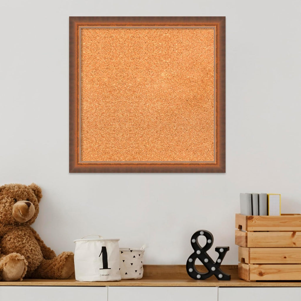 Amanti Art Natural Cork Board for Wall, 18x18 Vision Board with Bronze Frame, Small Corkboard Office Decor for Home Organization, Modern Corkboard Pinboard to Display Items for Home Organization in
