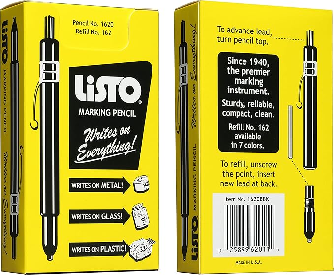 Listo 1620 - Box of 12 - BLACK COLOR - China Markers/Grease Pencils/China Marking/Pencils/Wax Pencils - Made in USA