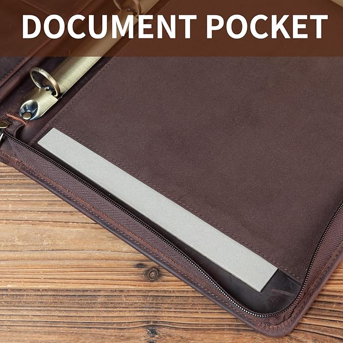 YIWEN Handmade Crazy-Horse Leather 3 Ring Binder Portfolio Padfolio Folder with Zipper for Men and Women, Business Organizer for Letter A4 Size for Meeting and Travel (Non-custom, Dark Brown)