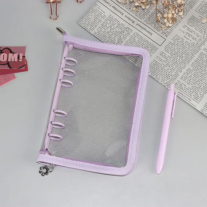 Purple A6 Binder Cover Clear Soft PVC 6-Ring Binder Budget Cash Evelopes System with Zipper Planner Organizer Loose Leaf Binder Folder Binder Pocket (Purple, A6)