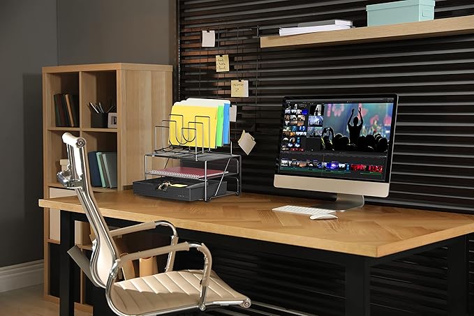 Deco Brothers Desktop File Organizer with Double Tray and 5 Folder Stand, Black