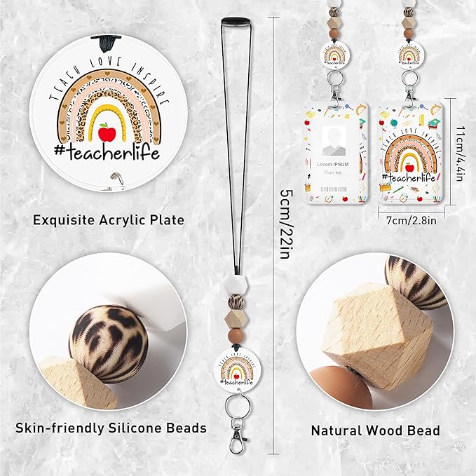 Teacher Lanyard with ID Holder, Leopard Print Rainbow Teach Love Inspire Teaching Supplies Badge Holder with Beaded Adjustable Lanyard, Teachers Gifts