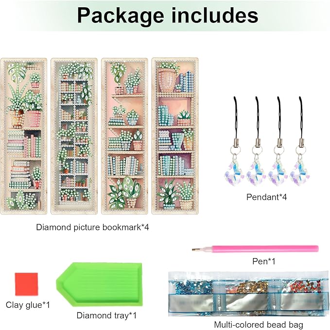 4 Pieces Diamond Painting Bookmarks for Adults Plant Bookshelf Design 5D Rhinestone Art Bookmark Kits Beautiful DIY Diamond Art Bookmarks with Tassels Crafts Gifts Supplies