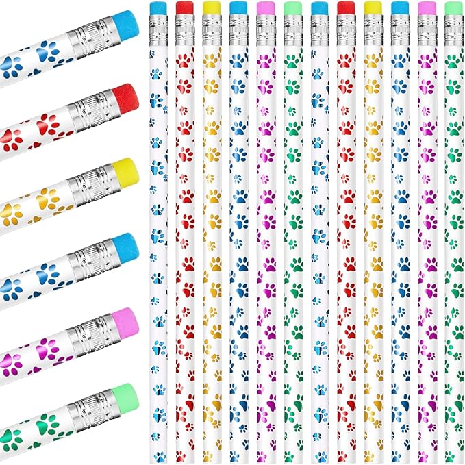 Chinco 100 Pcs Paw Print Pencils Dog Paw Wooden Writing Novelty Pencils with Erasers for Kids Doggy Party Favors Welcome Back to School Party Supplies, 6 Colors