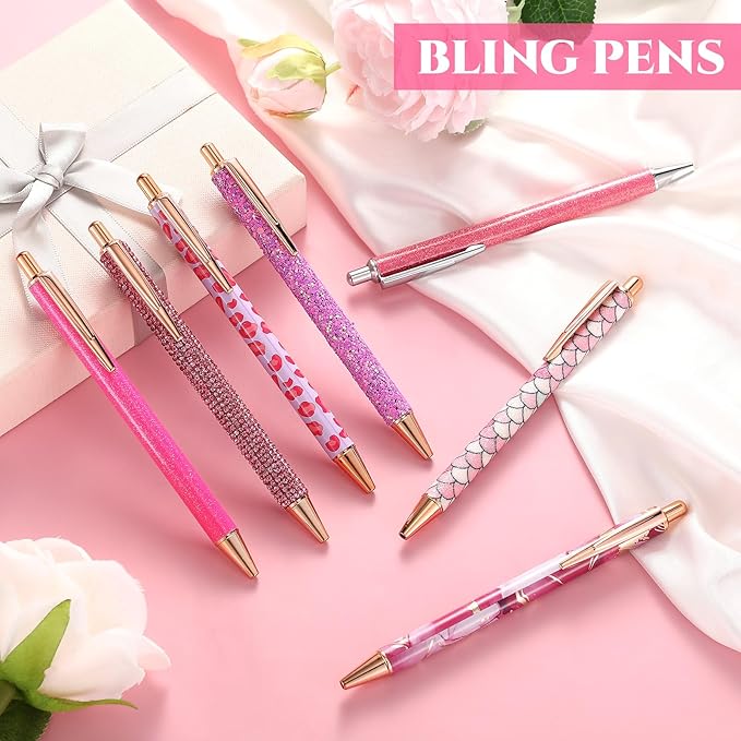 Sherr 7 Pcs Fancy Pens for Women Cute Sparkly Glitter Pens with 10 Pcs Black Ink Refills Pretty Gifts for Girls Office School Christmas Graduation(Hot Pink,Lovely)