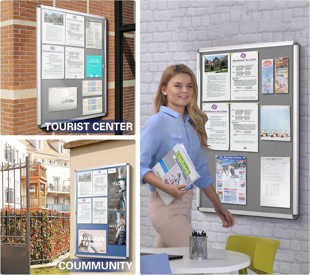 SWANCROWN Enclosed Bulletin Board Lockable Noticeboard Case with Aluminium Frame,Grey Felt, 20x14inch (2xA4)