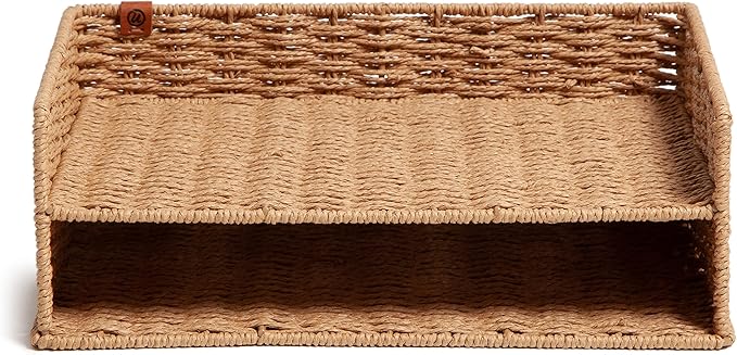 U Brands Woven Two-Tier Paper Tray, Rattan-Inspired Wicker Style Office Organization Supplies, 1 Count