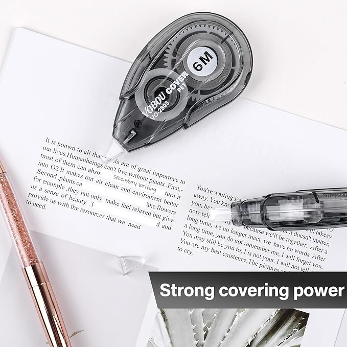 White Correction Tape, Easy To Use Applicator for Instant Corrections Wrong Writing At Any Time, For school, Office (Black, 12pack, 6M/256"x 0.2")