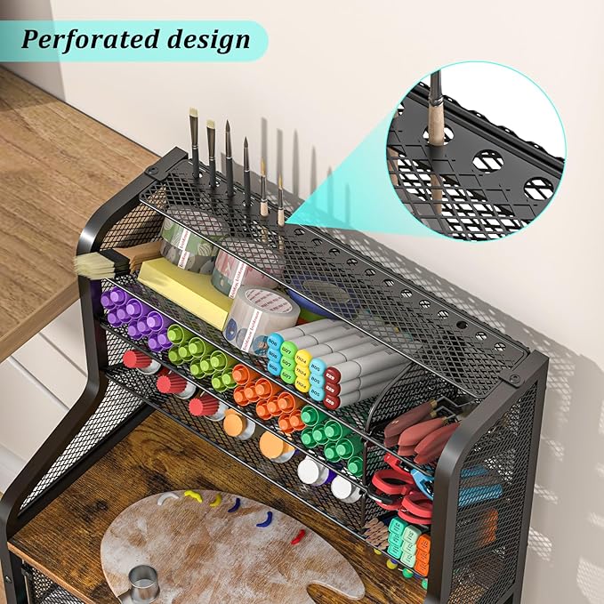 Small Rolling Utility Cart with Drawer, Metal Craft Storage Cart with Lockable Wheels, Versatile Art Cart with 6 Tiers & Removable Dividers for Drawing Room, Store Paints & Artifacts (Patent Pending)
