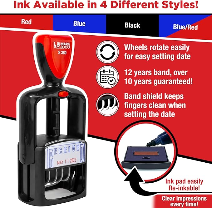 Self-Inking Rubber Date Office Stamp with Scanned Phrase - Red Ink - 12-Year Band