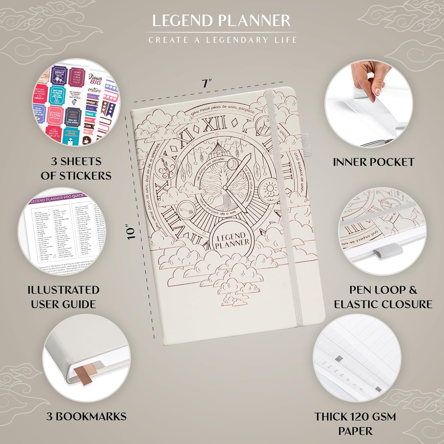 Legend Planner PRO – Deluxe Weekly & Monthly Life Planner to Increase Productivity and Hit Your Goals. Time Management Organizer Notebook – Undated – 7 x 10" Hardcover + Stickers – White