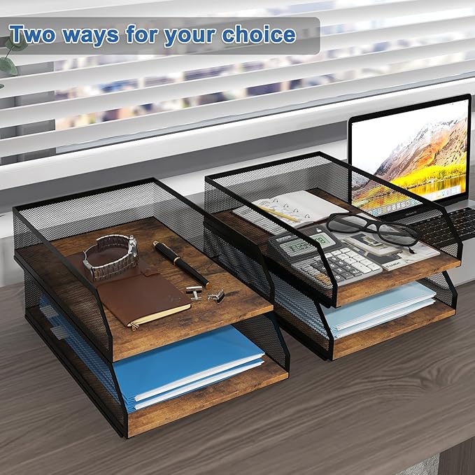 Natwind 2-Tier Stackable Paper Tray, Metal Mesh Desktop Organizer, Wood Board Paper Sorter, Letter Trays,File Document Storage Rack for for Home, Office, School (Retro)