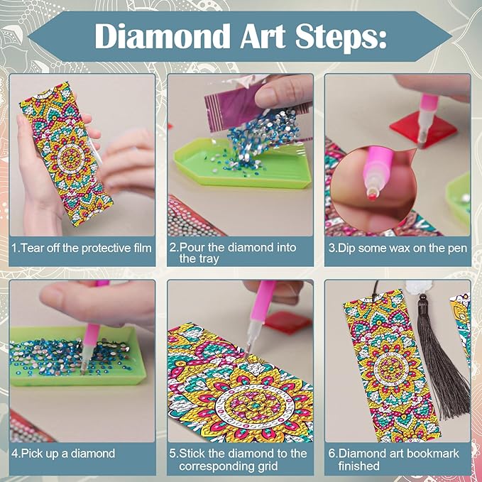 Anseal 3 Pcs 5D Diamond Bookmarks Painting for Book Lovers, Mandala PU Leather Diamond Dotz Art Bookmark for Adults, Tassel Beaded Book Mark for Graduation Birthday Reading Present