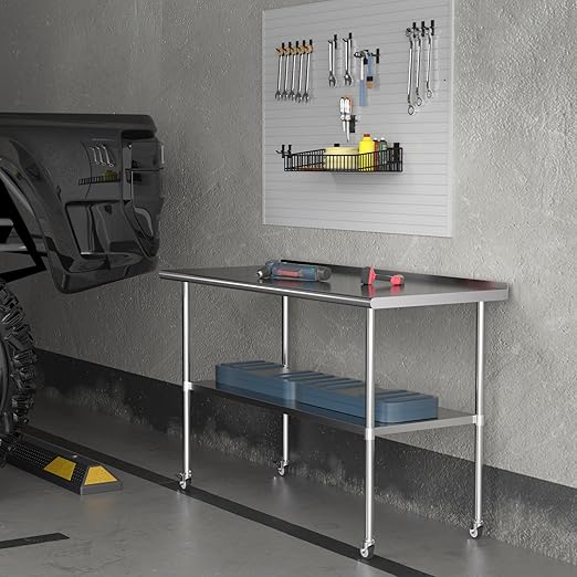 Stainless Steel Table with Wheels 30 x 60 Inches Metal Food Prep Table with Backsplash & Adjustable Undershelf, Utility Table for Kitchen, Outdoor, Restaurant, Bar & Garage