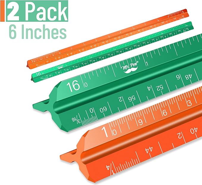 Mr. Pen- Small Architectural Scale Ruler, Aluminium, 6 Inch, 2 Pack, Green and Orange, Pocket Size Ruler, Triangle Ruler, Metal Ruler Set, Architect Scale Ruler for Blueprints