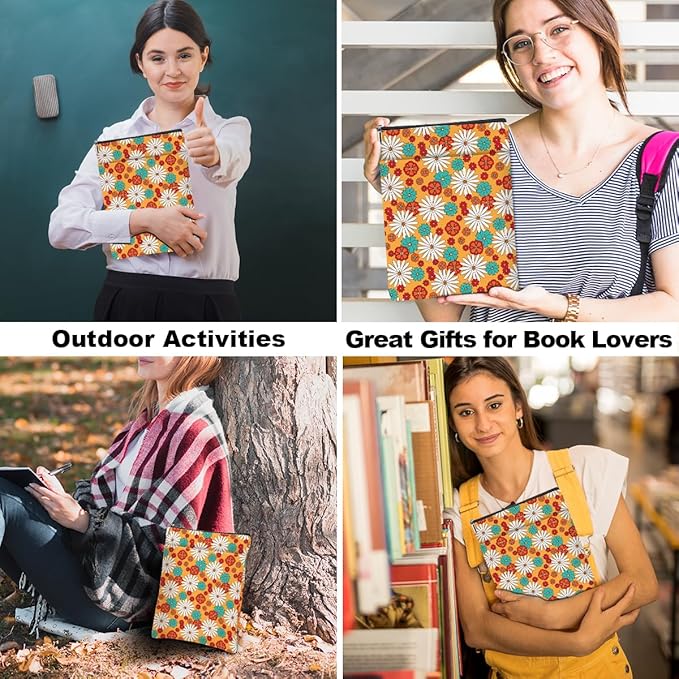 Retro Floral Daisy Pattern Book Lovers Gifts Waterproof Book Sleeve Book Pouch Book Protector with Zipper and Front Pocket BookCover Case for Women Friend Mom Grandma Book Accessories Book Club Gifts