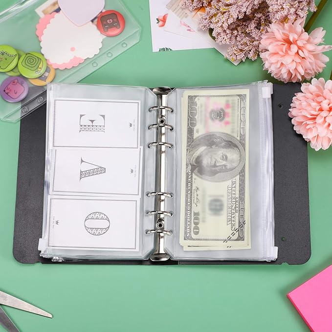 60 Packs A6 Size 6 Holes Binder Pockets Plastic Binder Zipper Folders Waterproof 6 Holes Zipper Loose Leaf Bags for Documents Notebooks Cards