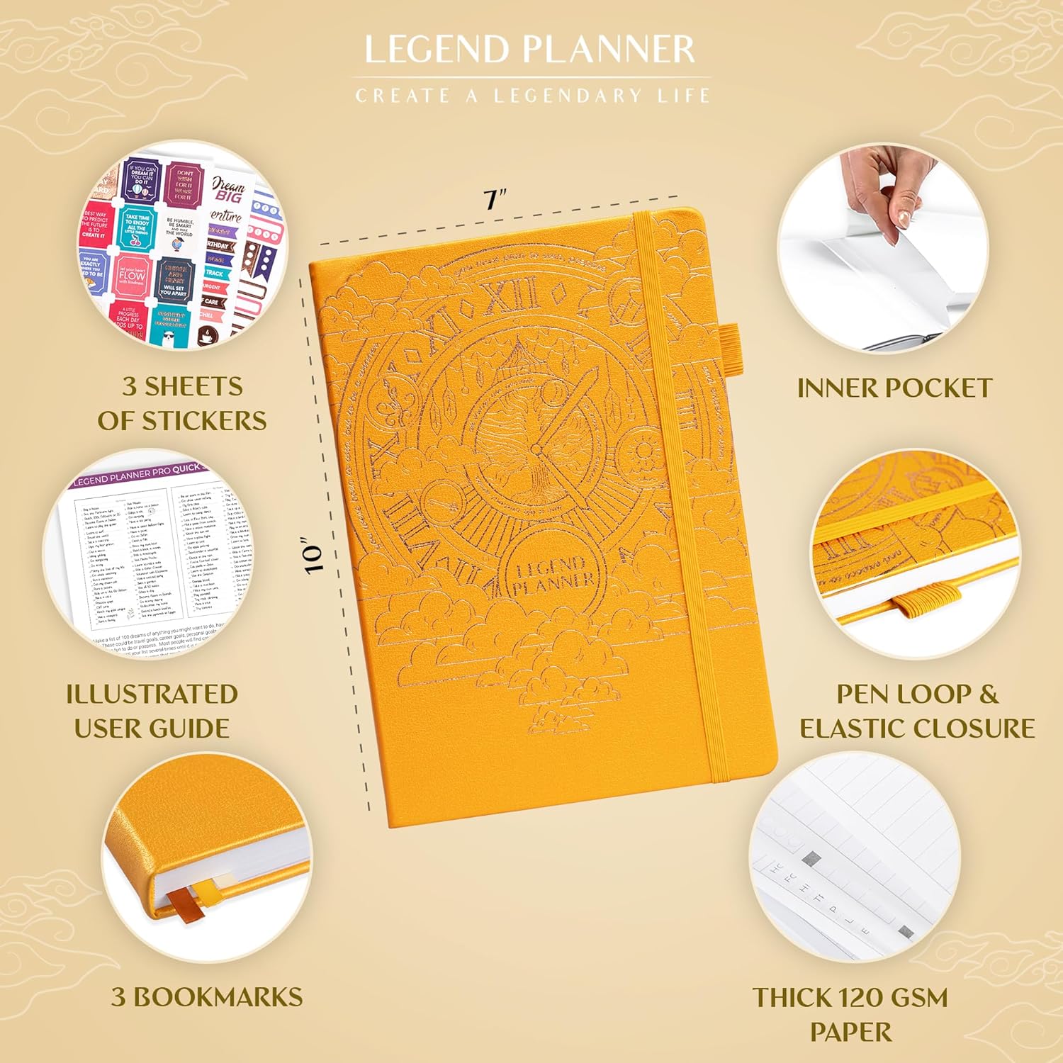Legend Planner PRO – Deluxe Weekly & Monthly Life Planner to Increase Productivity and Hit Your Goals. Time Management Organizer Notebook – Undated – 7 x 10" Hardcover + Stickers – Amber Yellow