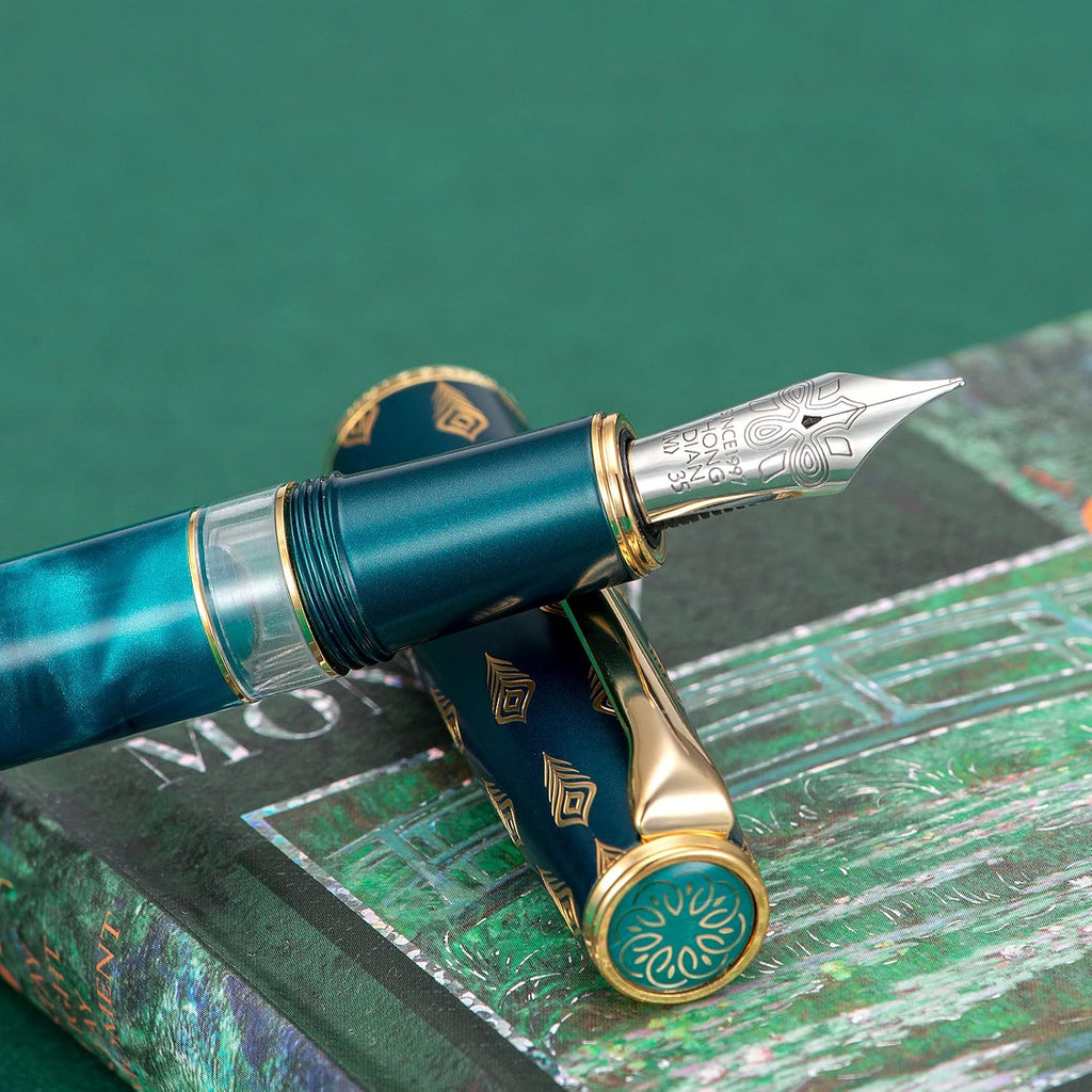 Hongdian N7 Blue Peacock Fountain Pen Resin Piston, Iridium Medium Nib Classic Pen, Smooth Writing Pen with Metal Box