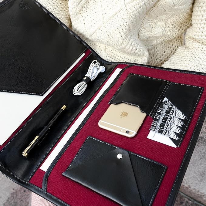 Time Resistance Leather Portfolio - A4 Business Folder - Document Organizer Folio - Case for 13" Laptop - Gift Box Included